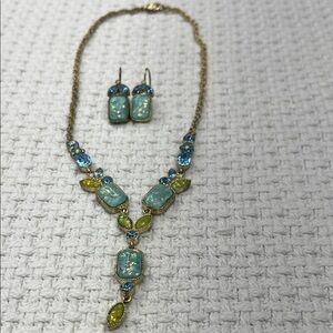 Vintage Opalite Blue Green Blue Topaz Rhinestone Drop Necklace set